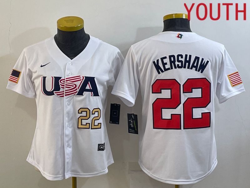 Youth 2023 World Cub USA #22 Kershaw White MLB Jersey6->youth mlb jersey->Youth Jersey